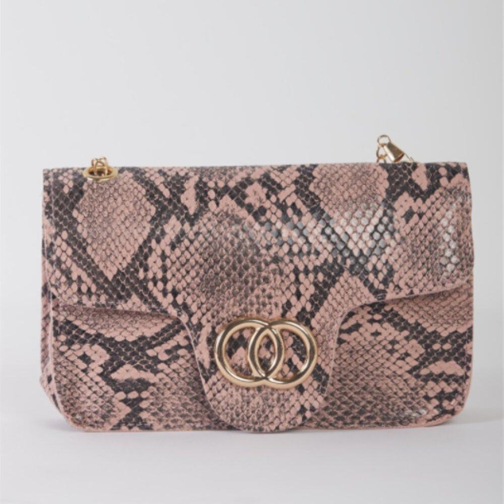 Blush Faux Snake Leather Metal Rings Gold Chain Crossbody Bag - Picture 1 of 12